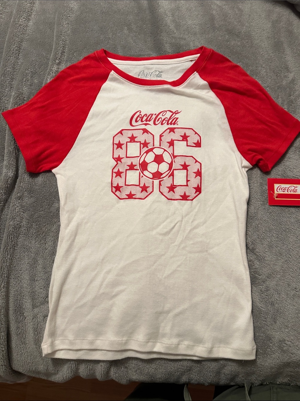 Coca Cola White Tee with Red Raglan Sleeves and Soccer Graphic size L kids